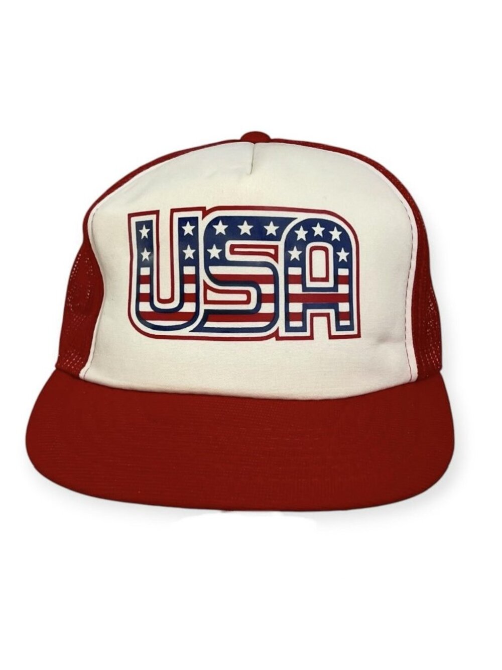 Vtg 1980s USA Patriotic Trucker Hat Yupoong Red White Blue Mesh Snapback